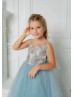 Blue Lace Tulle Beaded Long Flower Girl Dress